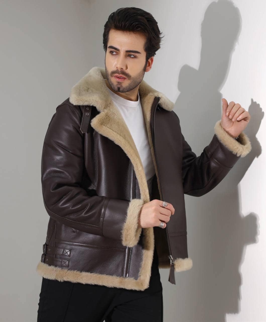 Mayfair Shearling Bomber — craftsmanship detail of leather, shearling and hardware