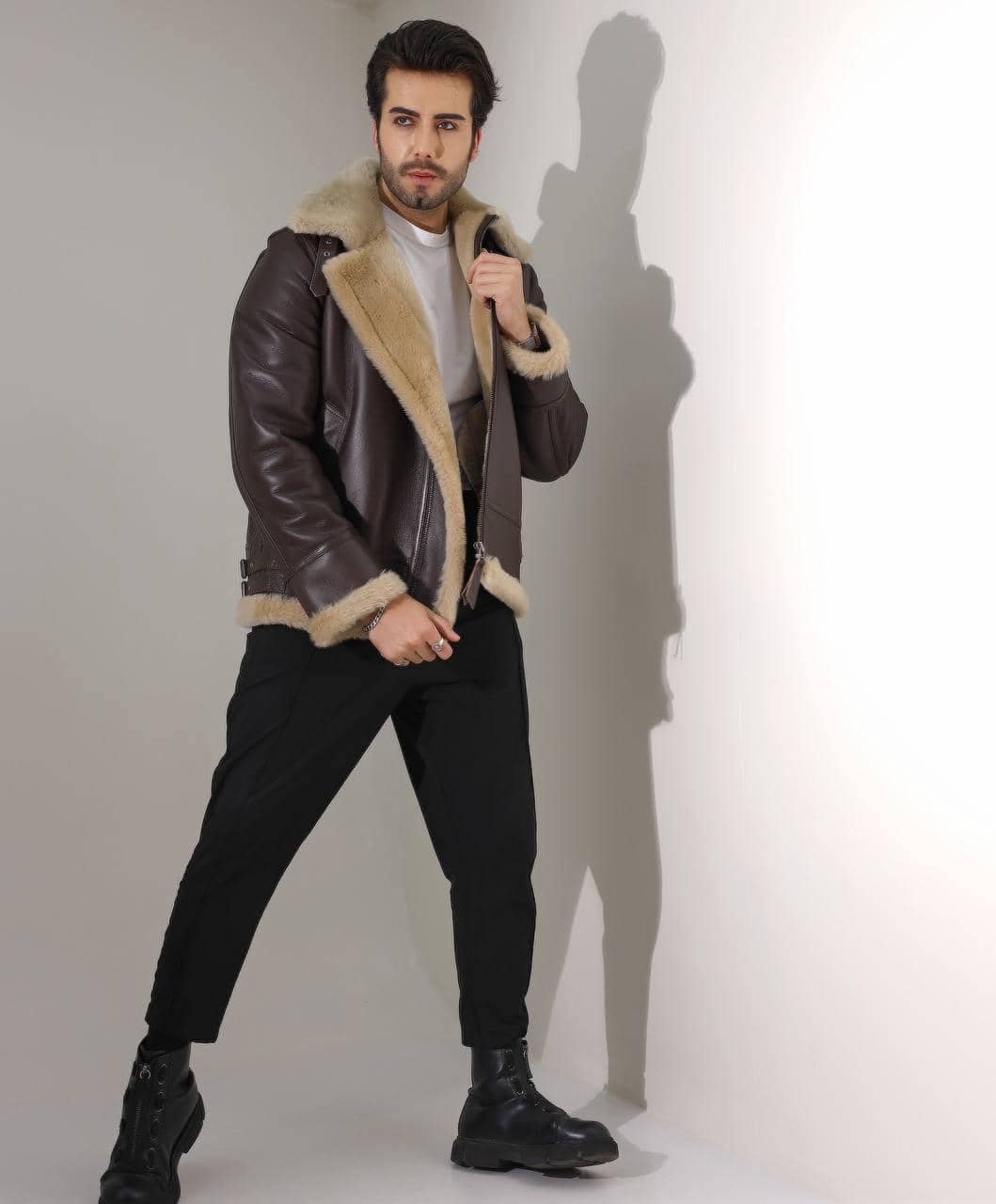 Belgravia Brown Aviator — craftsmanship detail of leather, shearling and hardware