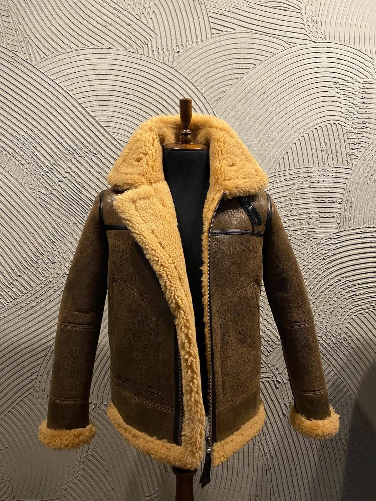 Hampstead Flight Jacket — side profile showing shearling collar and leather grain