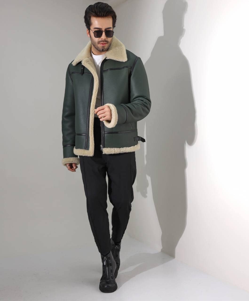 Belgravia Brown Aviator — side profile showing shearling collar and leather grain