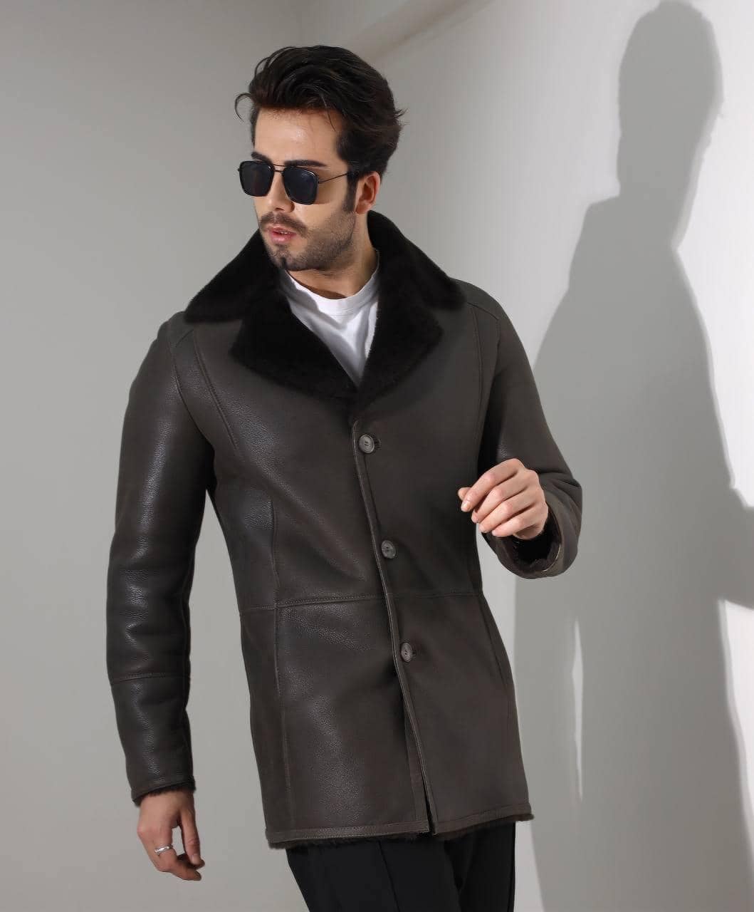 Knightsbridge Shearling Coat — front view on atelier mannequin