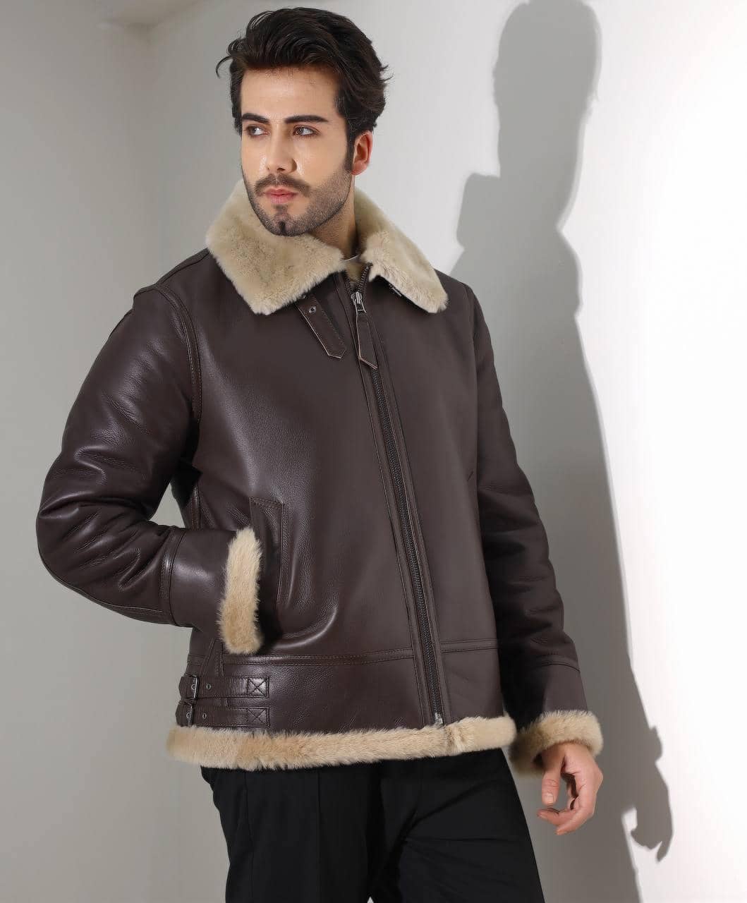 Knightsbridge Shearling Coat — side profile showing shearling collar and leather grain